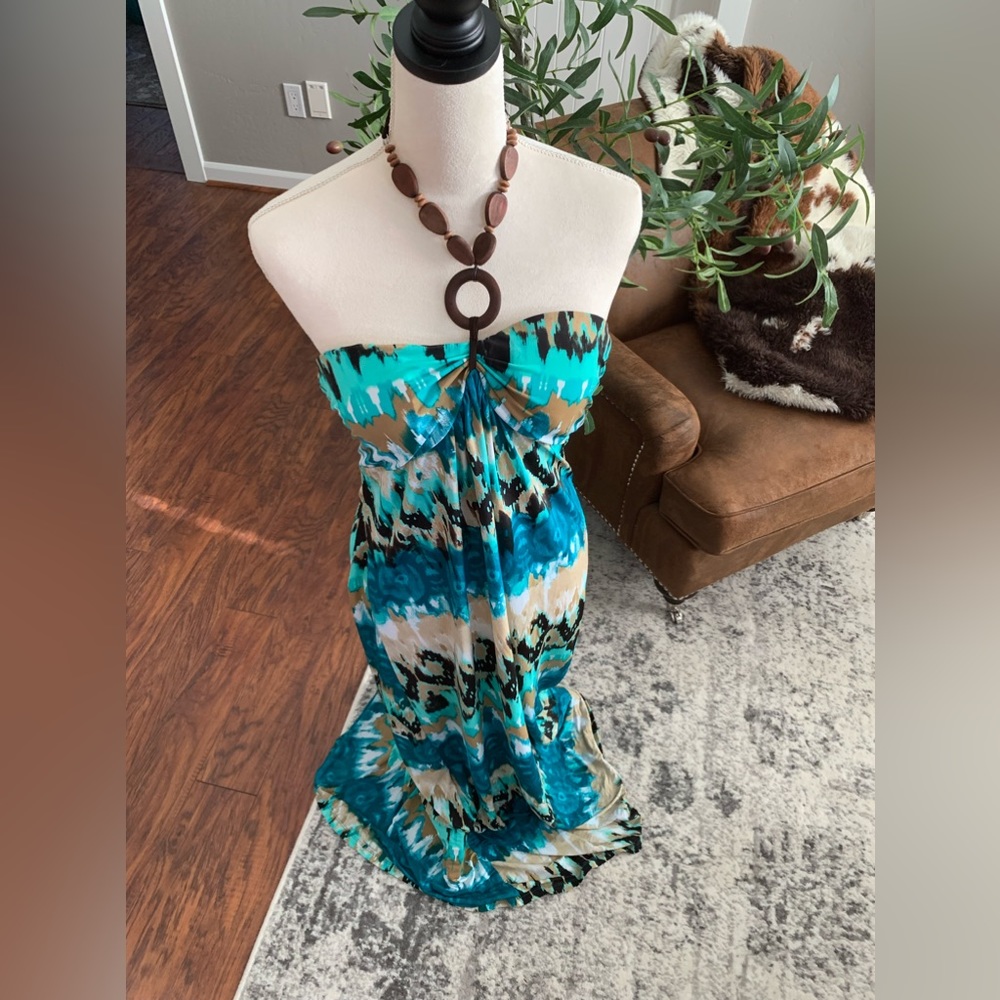 Maxi dress, beautiful colors blue, teal, cream, black. Wood bead tie at the neck